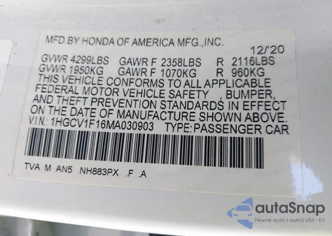 2021 Honda Accord Lx z USA, uszkodzony, nr VIN 1HGCV1F16MA030903